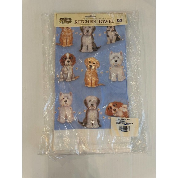 Fiddlers Elbow Dog Puppies Portraits Flowers Blue Kitchen Dish Towel Vtg NEW - Picture 2 of 4
